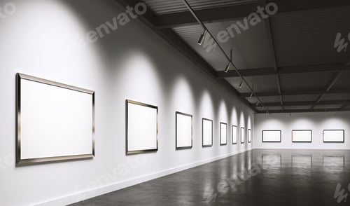Vista previa: Rincón del museo de arte moderno con muchos pósteres en blanco enmarcados.