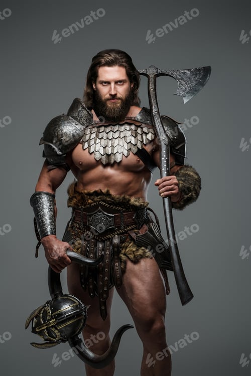 Preview: Bearded viking with long hair holding a large two-handed axe