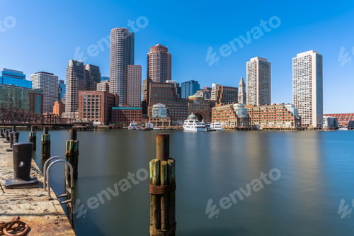 Preview: Scene of Boston skyline from Fan Pier at the afternoon with smooth water river,