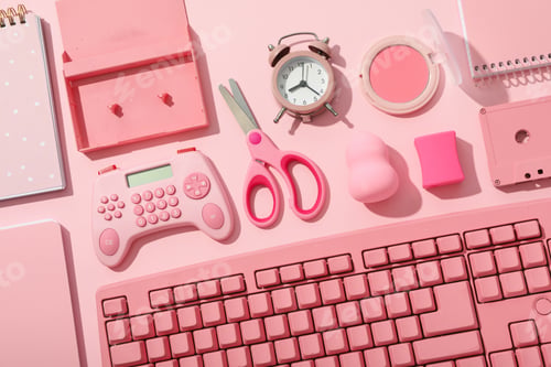 Preview: Stationery, cosmetics, alarm clock and keyboard on pink background, top view