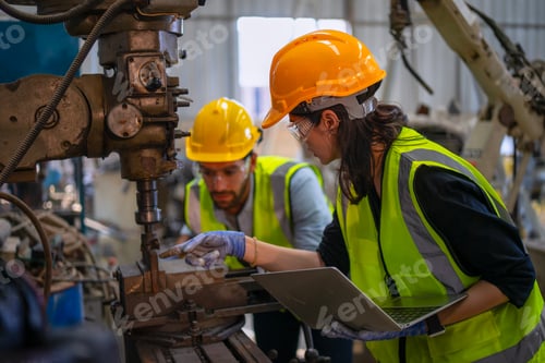 Preview: Blue collar workers are working at machine shop with CNC lathe machine.