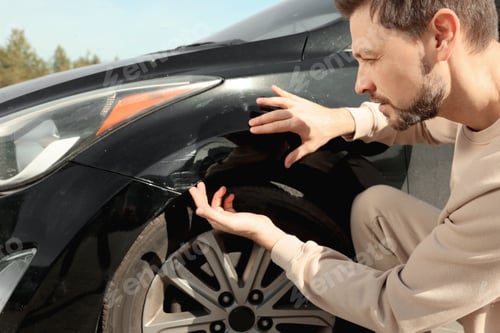 Preview: Stressed man near car with scratch outdoors