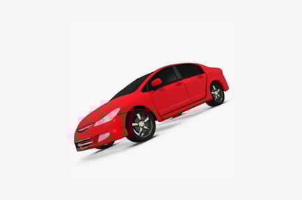 Preview: Front three-quarter view of a red coupe with illuminated headlights and taillights