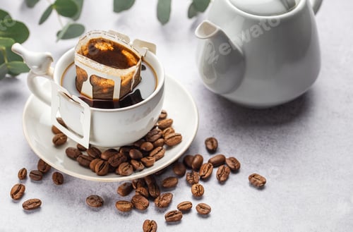 Preview: Drip coffee bag with ground coffee in cup