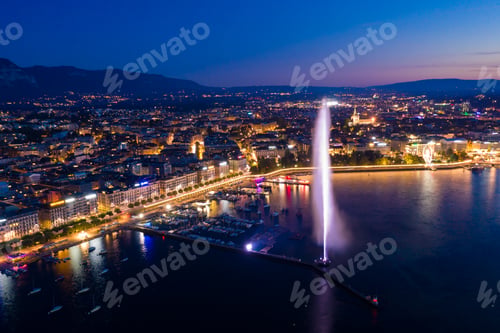 Preview: Aerial night view of Geneva city water fountain in Switzerland