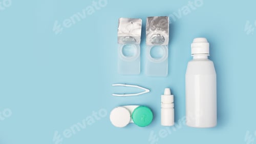 Preview: Contact lenses set with saline in bottle, tweezers, eye drops, plastic case with solution on blue