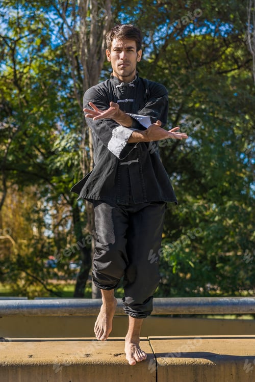 Preview: Martial arts fighter balancing on one leg outdoors