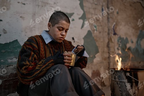 Preview: Poor homeless woman eating preserved canned food warming at bonfire