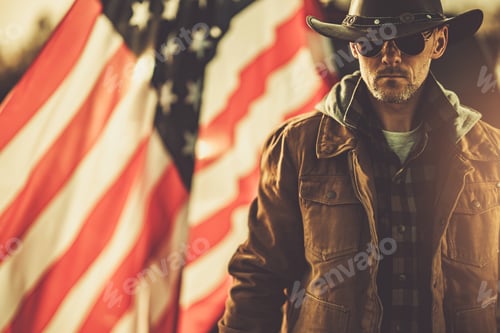 Preview: Proud American Cowboy Staying Next to USA National Flag.