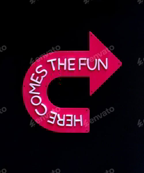 Preview: Here comes the fun! - glowing neon sign on a red arrow on a black background