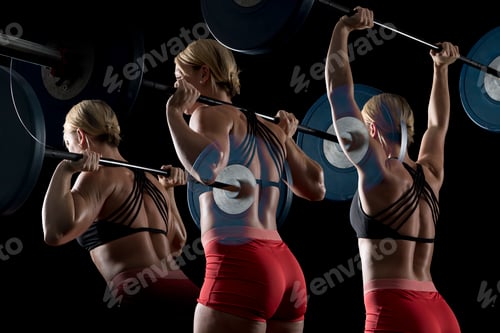 Preview: Multiple exposure of young female weightlifter practicing barbell weightlifting from her shoulders