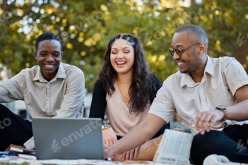 Preview: University, outdoor and students with a laptop, project or discussion with brainstorming, education