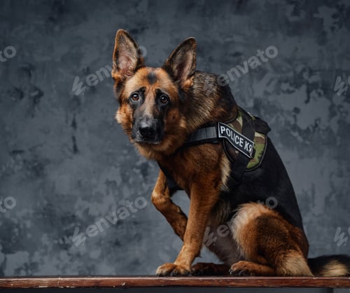 Preview: Police german shepherd with uniform against dark background