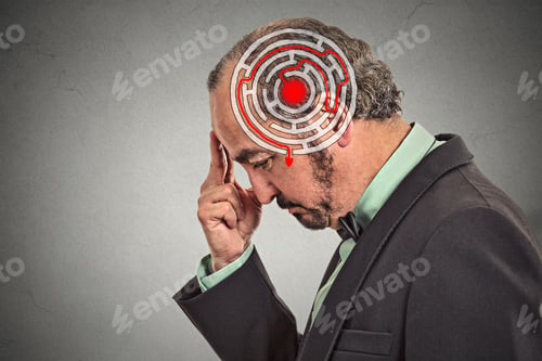 Preview: Right Decision Wisdom Strategy Concept. Side Profile Middle Aged Man Solving Problem Isolated On