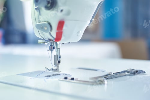 Preview: Sewing machine with fabric and thread, closeup