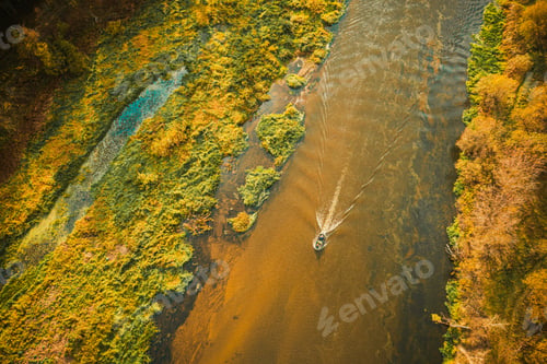 Preview: Aerial view of forest woods, marsh bog and river in sunny autumn landscape. Bird's eye view. Top