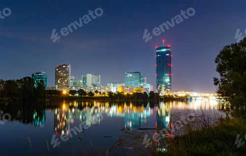 Preview: Night view at cityscape in Vienna Austria. View from Danube island at Donau City