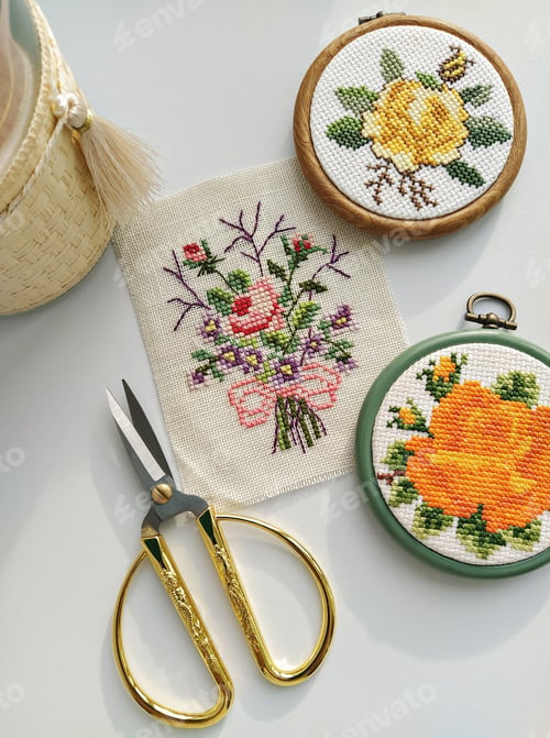 Preview: Vintage wooden embroidery hoops, scissors, needle, thread and fabric with floral cross-stitch embroi