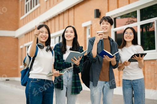 Preview: Young Asian People college students and a female student group work at the campus park in morning
