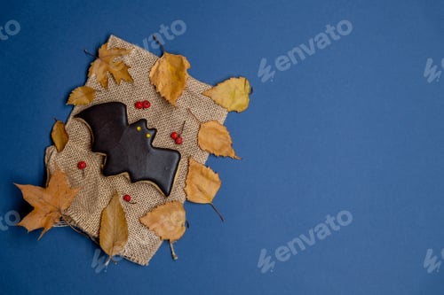 Preview: Halloween bat cookie on blue background
