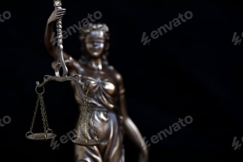 Preview: Lady Justice metal statue in law on black backdrop. Law and justice