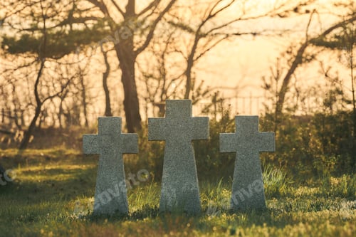 Preview: Stone crosses at sunset in German military cemetery, Europe