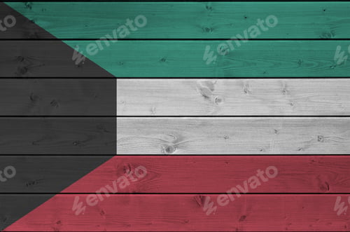Preview: Kuwait flag depicted in bright paint colors on old wooden wall close up