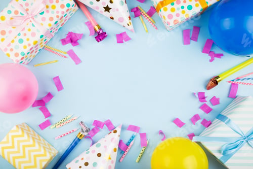 Preview: Birthday party attributes. Colorful balls, confetti, gifts, candles for cake. Blue background