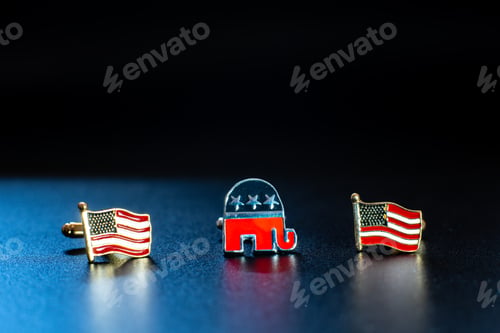 Preview: Emblem of the american republican party, an elephant, between two flags USA, isolated on black