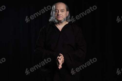 Preview: medieval monk in dark cassock standing with folded hands and looking at camera isolated on black