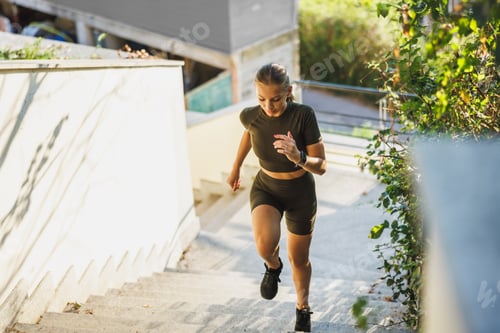 Preview: Woman Running Up The Stairs Before Training Outdoor
