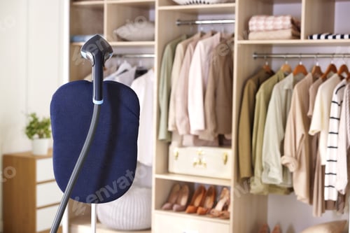 Preview: Stand steamer and shelving unit with clothes indoors