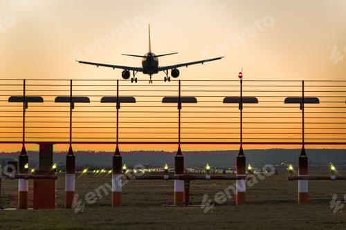 Preview: Landing plane at stuttgart airport at sunset