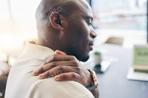 Preview: Stress, work and a black man with hand for back pain, massage and health problem. Burnout, tired an
