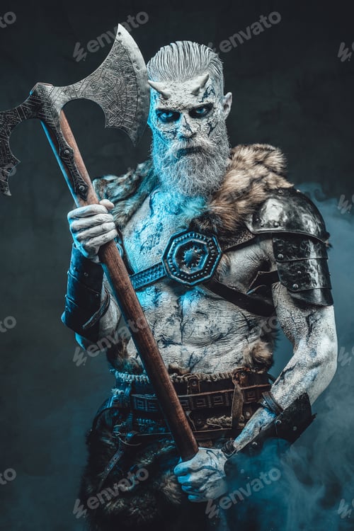Preview: Staring at camera northern undead warrior in frosty fog