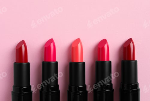 Preview: Many bright lipsticks on pink background, flat lay. Space for text