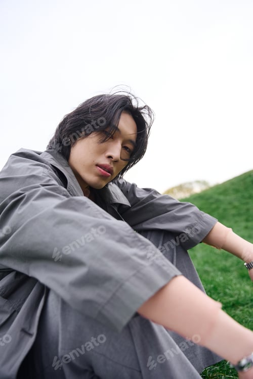 Preview: Young asian man showcases stylish fashion in a serene park setting