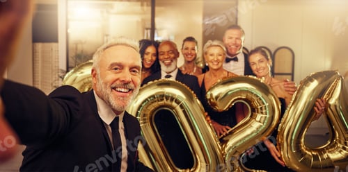 Preview: Selfie, new year and celebration with a business man and team taking a picture at an office party.