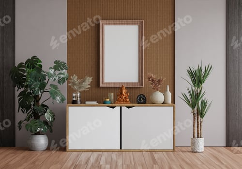 Preview: 3D mockup photo frame with houseplant in living room rendering
