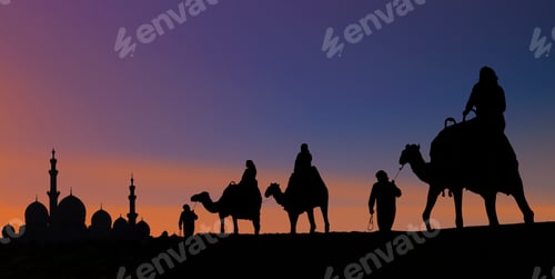 Preview: Camel caravan arriving at mosque, Abu Dhabi, United Arab Emirates