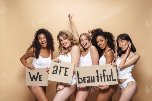 Preview: Image of young multinational women making fun and holding placards