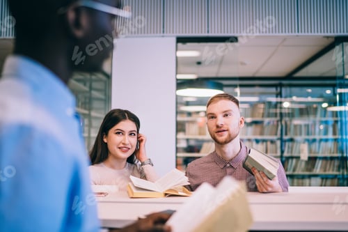 Preview: Confident multiethnic students speaking while searching for textbooks in library