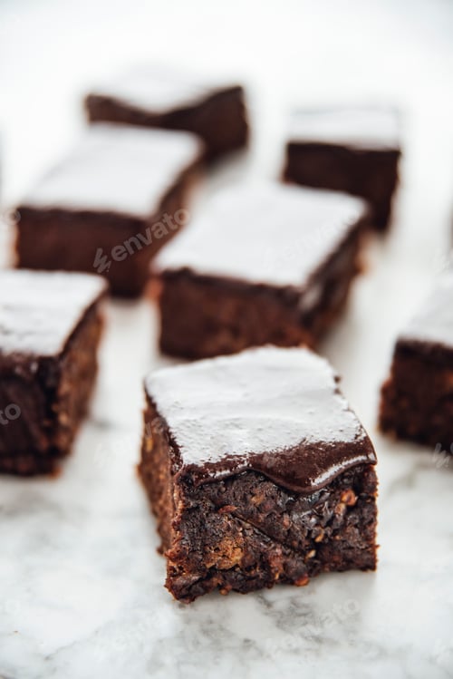 Preview: Healthy brownies made of dates, sweet potato, cacao, maple syrup, oat flakes, almond flour and cocon