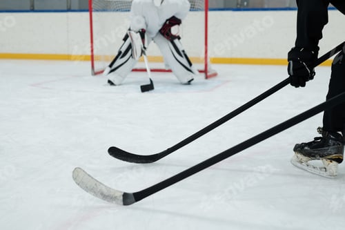 Preview: Hockey sticks held by two players in sports uniform on background of goal keeper