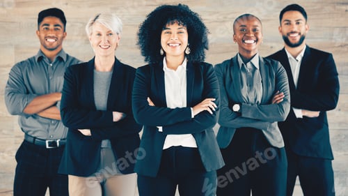 Preview: Shot of a group of businesspeople standing with their arms crossed in an office at work