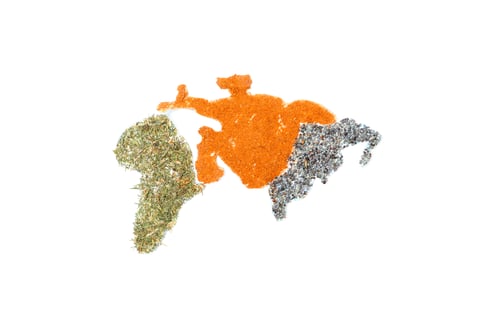 Preview: Map of world made from different kinds of spices, isolated on white background