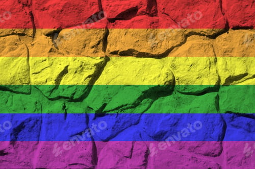 Preview: LGBT community flag depicted in paint colors on old stone wall close up