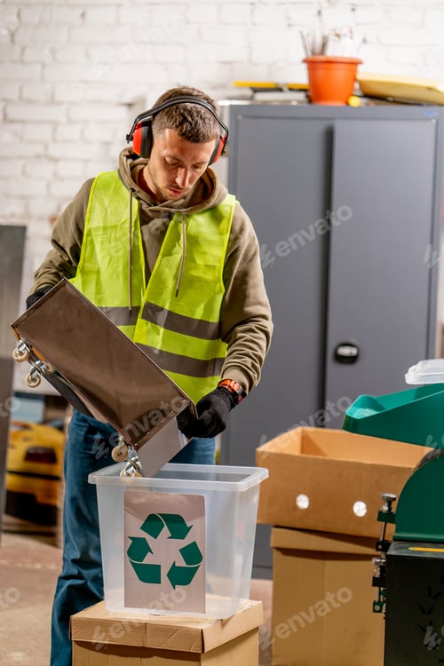 Preview: A waste recycling plant employee in headphones pours shredded plastic caps into container recycling