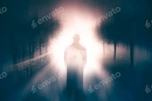 Preview: Horror halloween concept. strange silhouette in a dark spooky forest at night