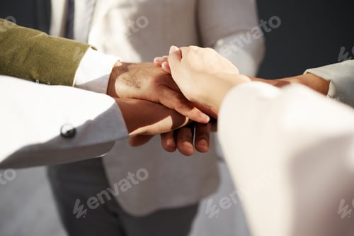 Preview: Business people, hands together and solidarity in team, collaboration and motivation in office. Sup